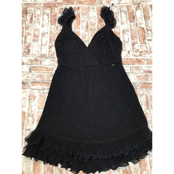 Angel Biba mini Party Lace Ruffle BLACK ruffled V-Neck Strappy Dress US SZ 6 - Picture 1 of 7